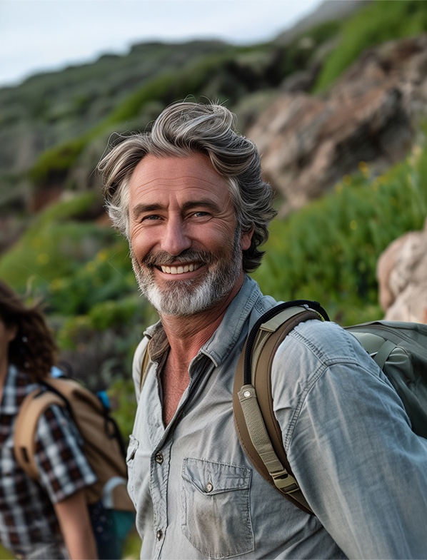 happy man in 60s hiking on the coast