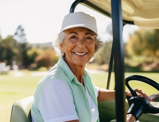 joyful senior woman driving a golf cart