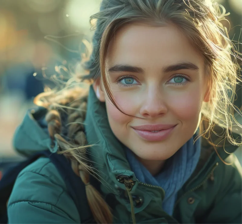 calm woman in green jacket smiling