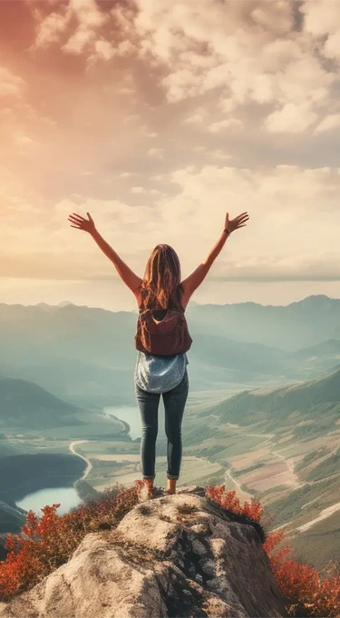 happy slim woman on top of a mountain cheering
