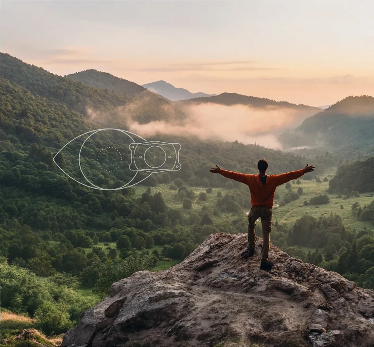 person hiking and looking into the distance at the top of the mountain